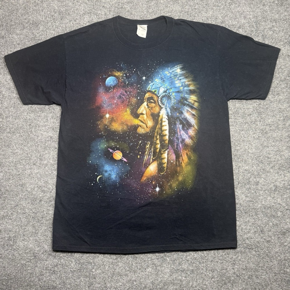 Native American Chief Galaxy Planet Stars Graphic Black T-Shirt Men's Large
